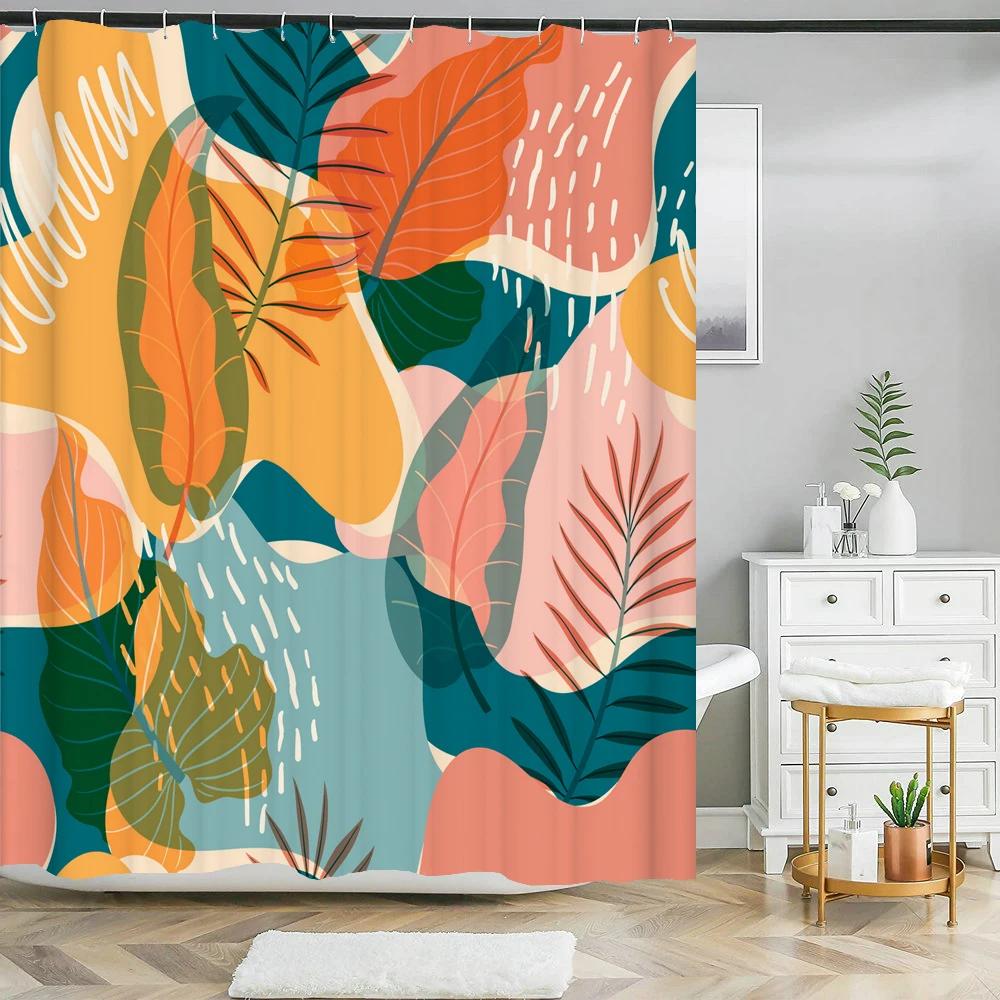 Nordic Style Abstract Art leaves Shower Curtain Waterproof Polyester Bath Curtain Morandi Color Block Curtain For Bathroom Decor