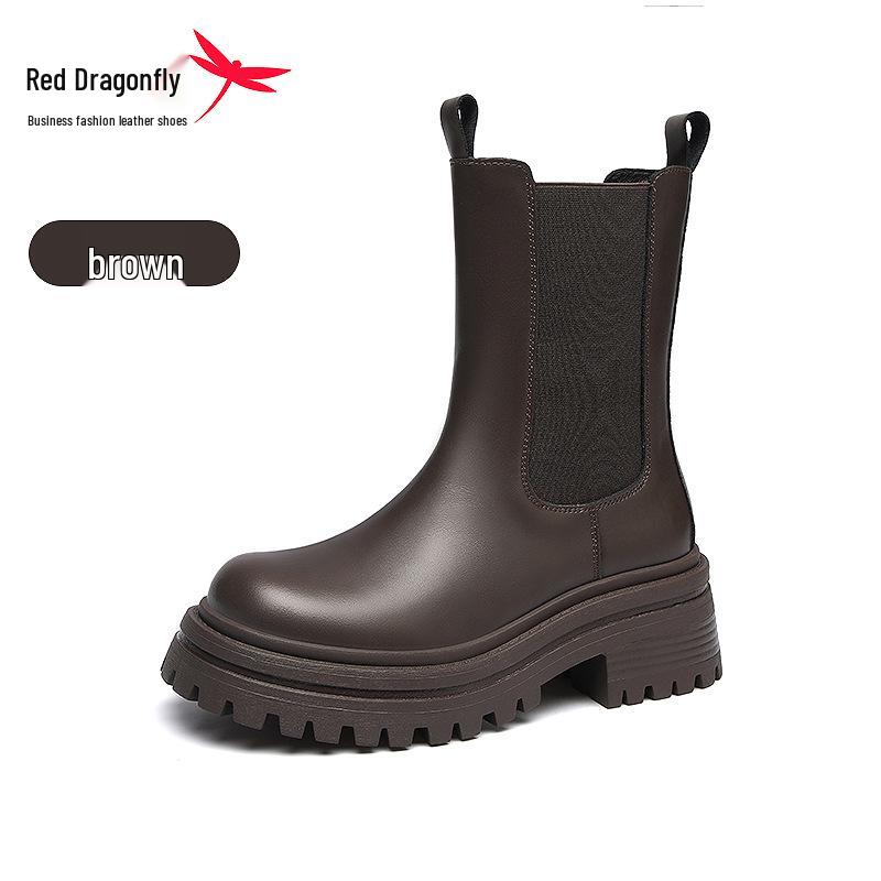 Red Dragonfly Women s Thick-Soled Height-Increasing Chelsea Boots - Genuine Leather, Mid-Calf, Spring/Autumn/Winter Style. 39 EU