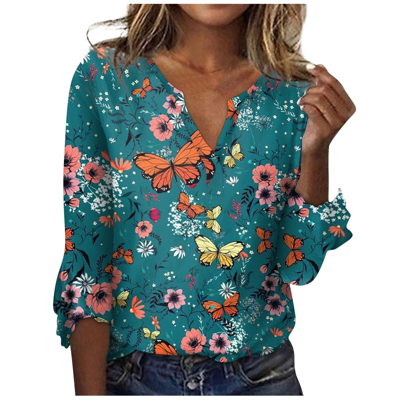 

Женская мода Свободная повседневная футболка с рукавами из семи частей и v-образным вырезом с принтом колокольчиков Топ XXXL разноцветный