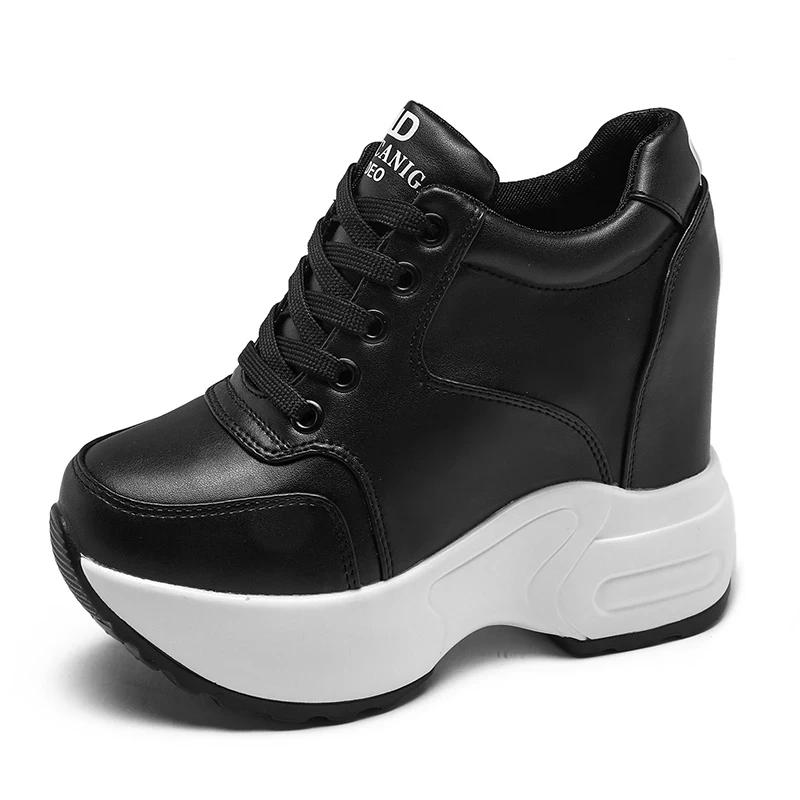 Mode Neue Damen Stiefeletten Herbst Leder Klobige Schuhe Frau Plateau Höhe Erhöhte Sneaker 10CM Dicke Sohle Keilabsätze Weiße Stiefel
