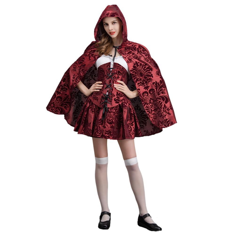 Halloween gothic print Little Red Riding Hood costume, medieval cape vampire cos party outfit
