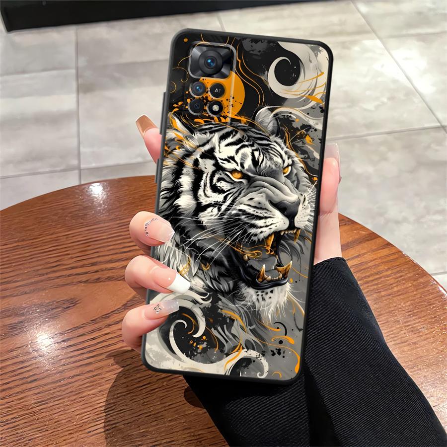 Black Soft Phone Cover Case for Xiaomi Redmi Note 11s 10S 13 14 Pro Plus 12s 7 8 9 10 11 12 9S Cool Silver Tiger