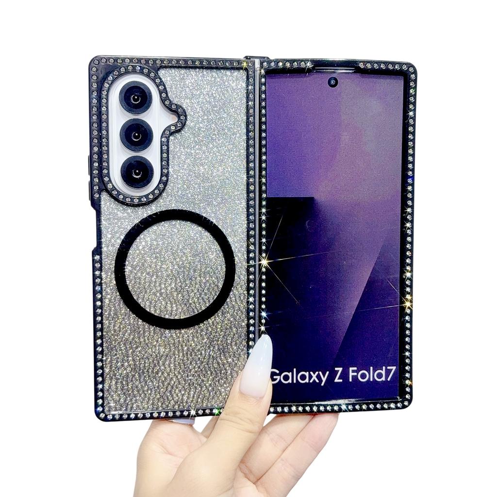 Fashion Glitter Inlaid Diamond Magnetic Phone Case For Samsung Galaxy Z Fold 7 6 5 4 3 Crystal lanyard Shockproof Slim Cover
