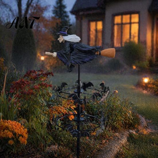 Metal Resin Wind Catchers Witch Garden Spinner, Halloween Statue Stake, Spooky Bats Themed Outdoor Decor And Spinner for Yard Art Lawn Pathway