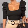 Elastic Women Top Fine Workmanship Cotton Blend Half Puff Sleeve Short T-shirt for Daily