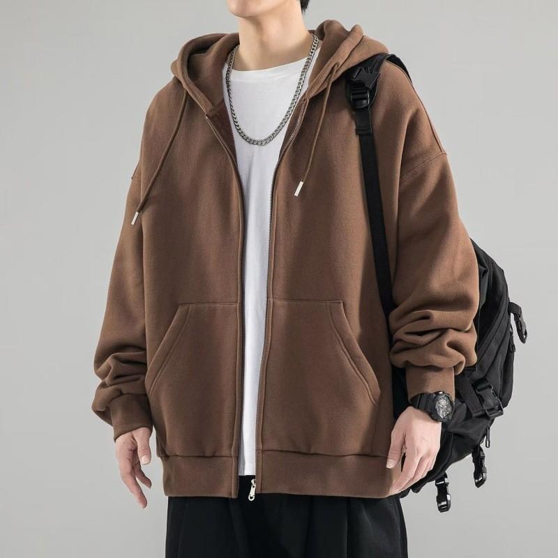 Men Oversized Full Zip Hoodie Solid Color Casual Long Sleeve Drawstring Hooded Sweatshirt With Pocket Loose Fit Streetwear Jacket