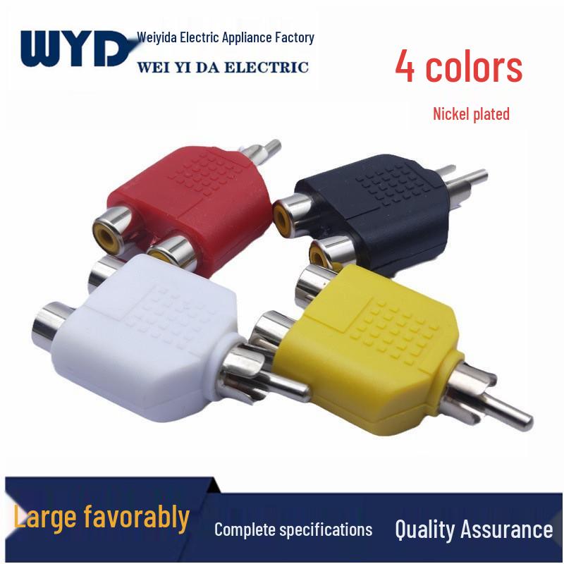 Nickel-plated RCA 1-to-2 4-color audio adapter, vibrant RCA male to dual RCA female converter.