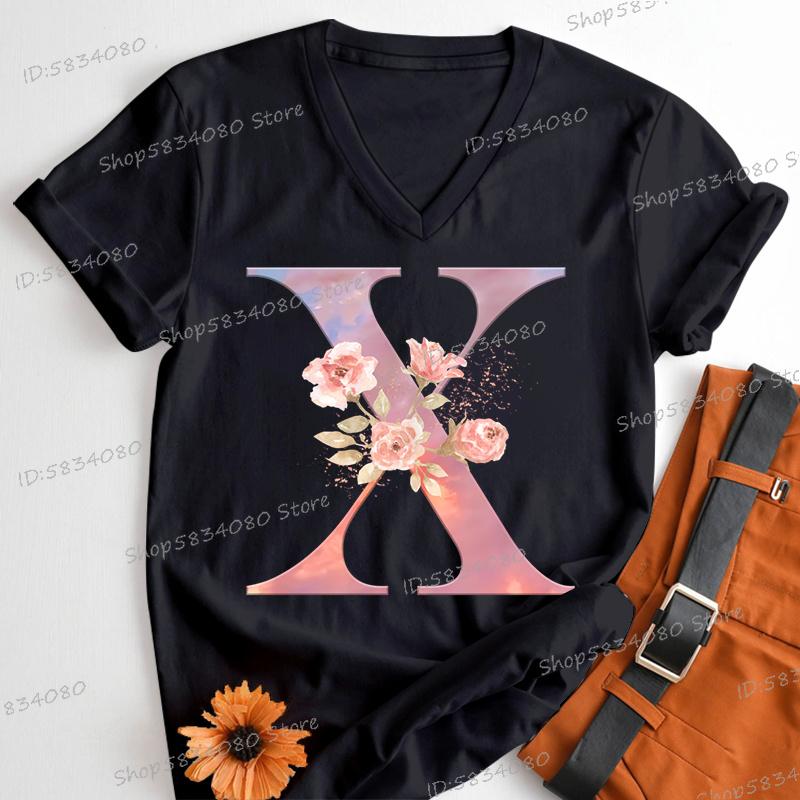 Womens Clothing Pink Flower Alphabet Classic Top Sky Alphabet Cartoon Tshirt FeUnisex Floral Letters A B C D Birthday Gift Shirt