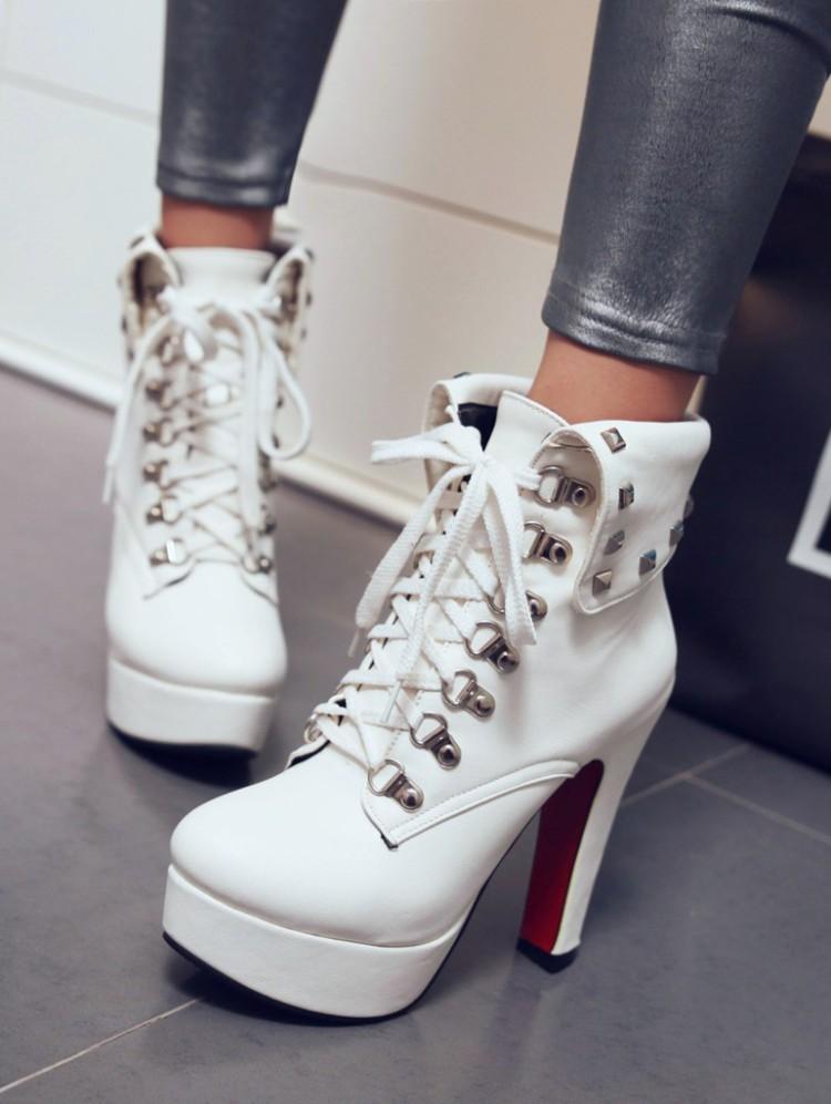 

Осень и зима короткие ботинки толстый каблук супер высокий каблук шнуровка маленький размер 30-50 34 белый