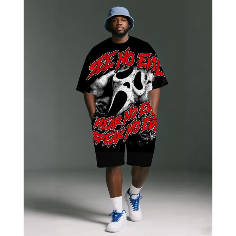 

Men s Oversized Fit, Skull, Rose & Pirate Print T-Shirt & Shorts Set, Casual Streetwear Outfit 4XL
