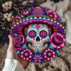 Metal Wall Art Sugar Skull Floral Wreath 8 Inch Waterproof Indoor Outdoor Day of the Dead Decor