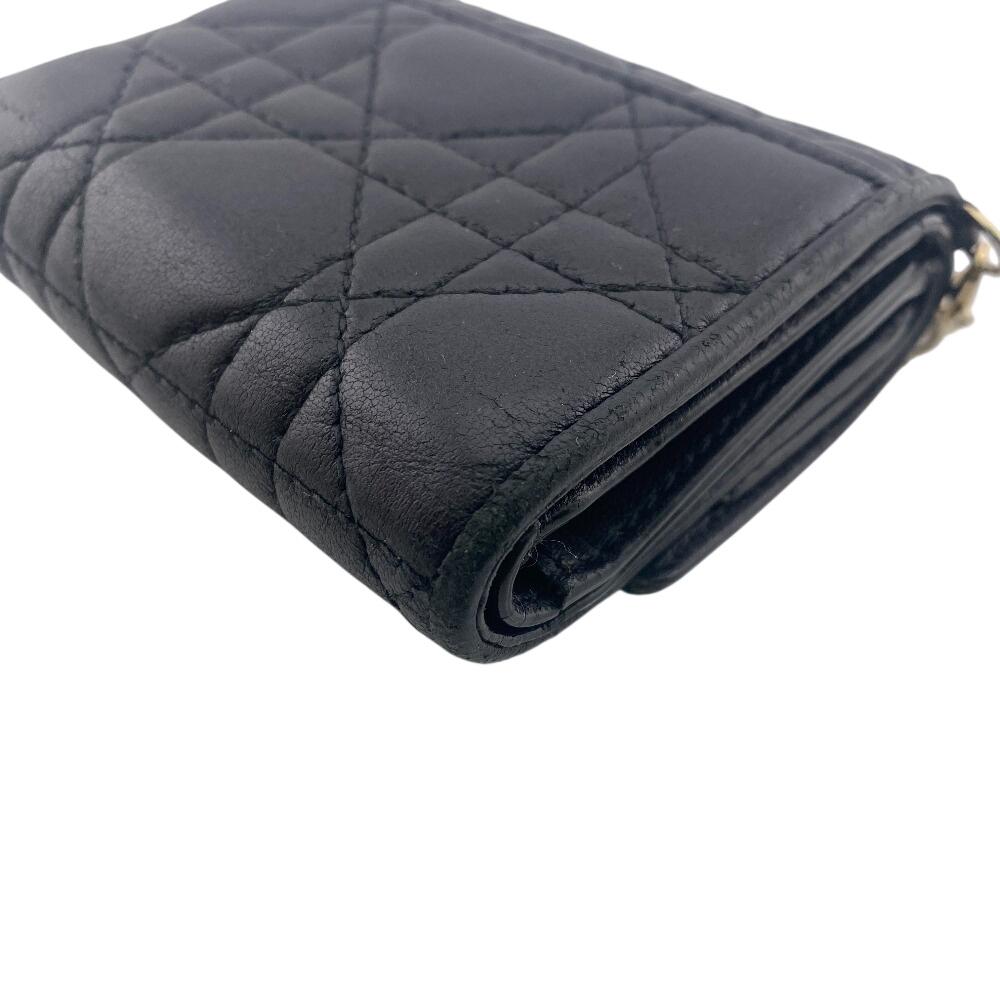 Dior Compact Wallet Canage Lambskin Lady Dior Tri-fold Wallet Black Lambskin Used