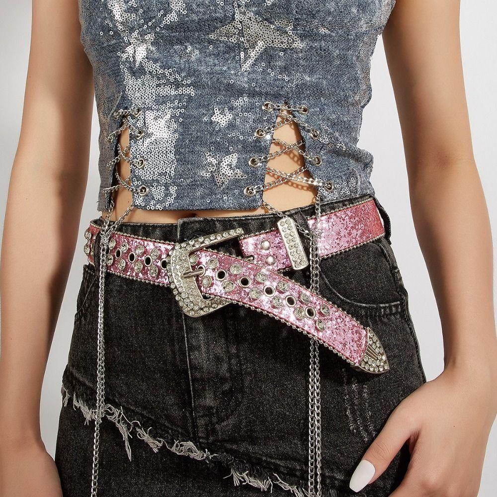 Personality PU Leather Rhinestone Belts Y2K Blingbling Rivet Belt Hollow Black Women Waistband Women