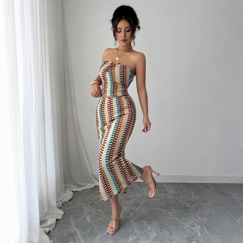 Elegant and Refined Style, Strapless Top Top, Hip-hugging Long Dress Set for Women's Summer