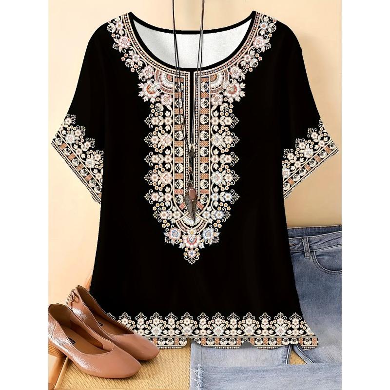 2026 Trend Summer Ethnic Graphic Print T-Shirt Round Neck Comfortable Short Sleeve Tshirt Oversized Tees Tops Women's Clothing