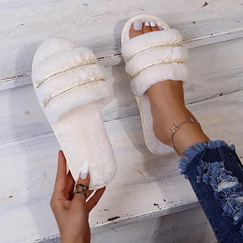 Módní Módní Hrubé Huňaté Ploché Pantofle pro Ženy Domácí Ploché Pohodlné Pantofle Žena Zimní Protiskluzové Sandály Odolné proti Opotřebení Ženské