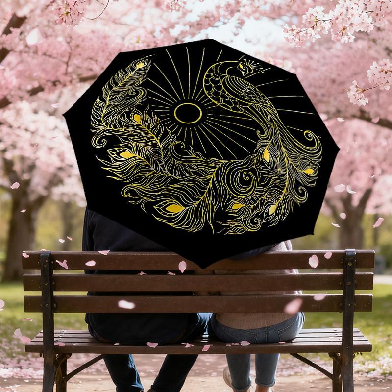 1pc Peacock Feather Automatic Folding Umbrella 8 Rib Iron Frame,  Suitable for Travel, Daily Use, Birthday, Women & Men Gift C1231048