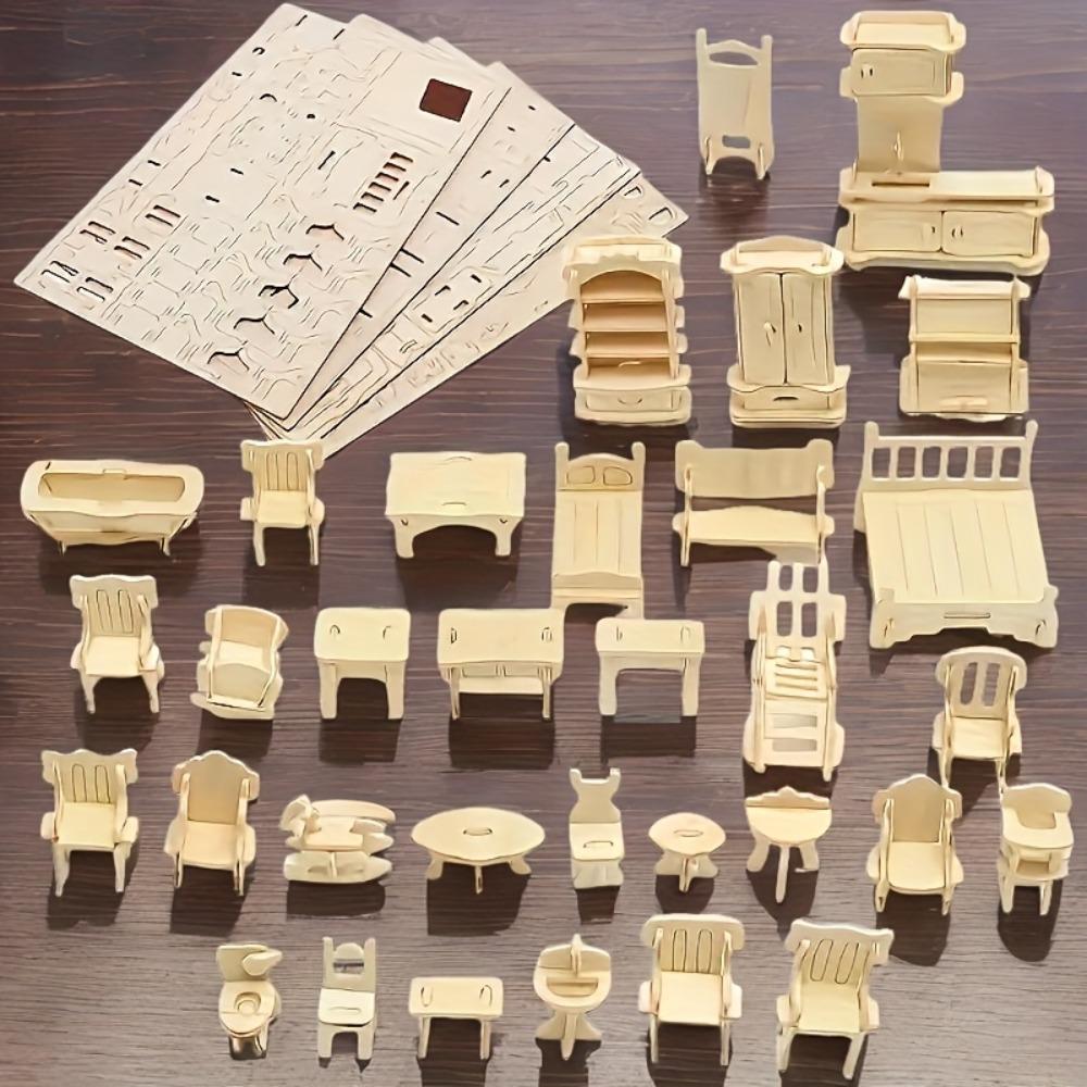 Meble Mały Domek dla Lalek 34 Szt. Drewniany Zestaw Mebli Puzzle 3D Zestaw Miniaturowego Domku dla Lalek Puzzle Prezent Dla Dzieci Nastolatków i Dorosłych