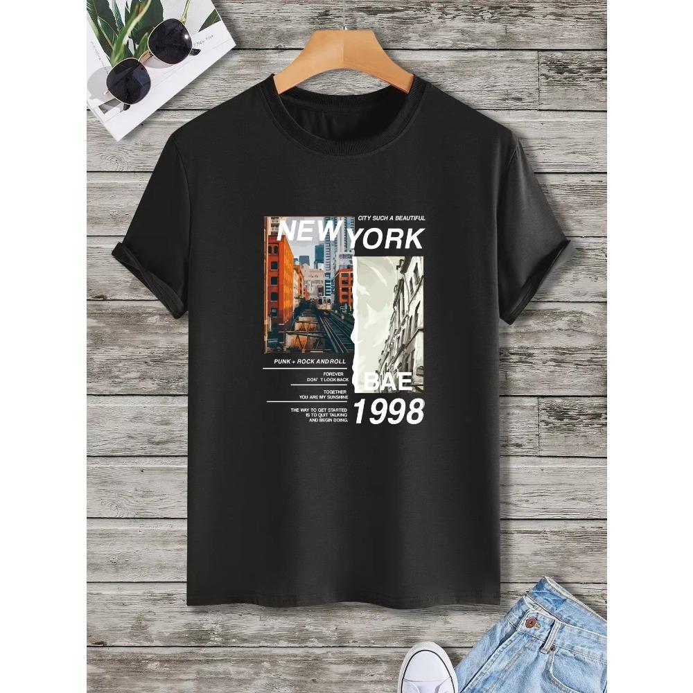 "New York Bae 1998" Print T-Shirt for Men's Casual Crew Neck Short-Sleeve Fashion Summer T-Shirts Tops, Regular and Oversize Tee