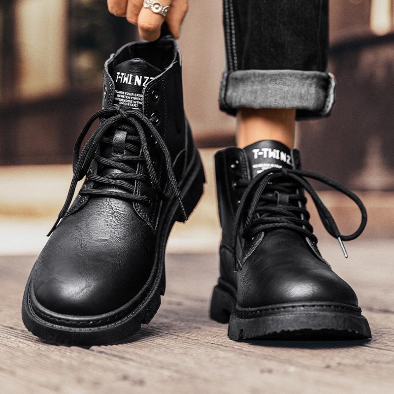 Pánské podzimní kotníkové boty v britském stylu, americké retro lokomotivní kožené boty se středně vysokým svrškem, sportovní boty na silné podrážce pro zvýšení výšky, pracovní boty