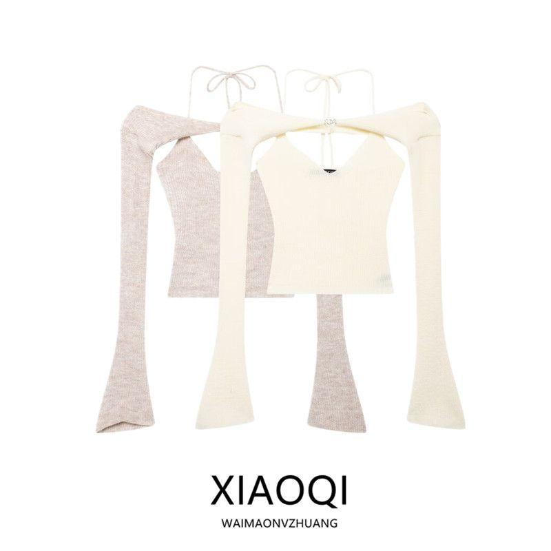 Fashion Style 2024 Autumn New Arrival Women's off-Shoulder Long Sleeves Waistcoat Bandage Dress Halterneck Knitting Camisole