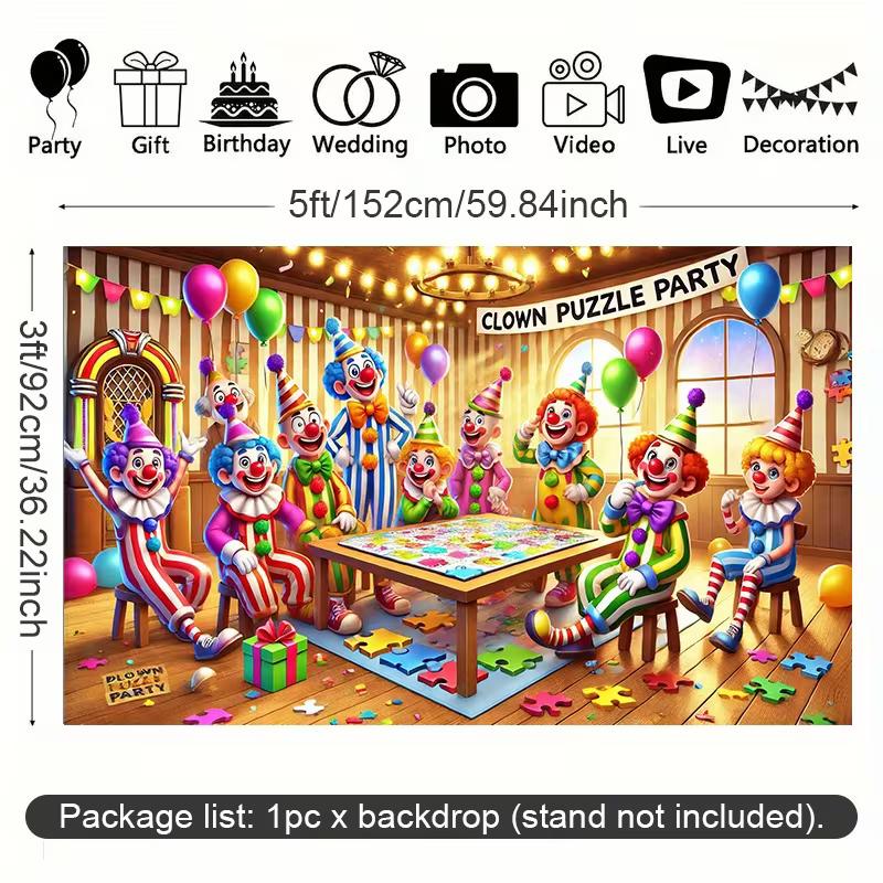 2D Flat Print Clown Puzzle Party Backdrop Colorful Circus Clowns Photography Background