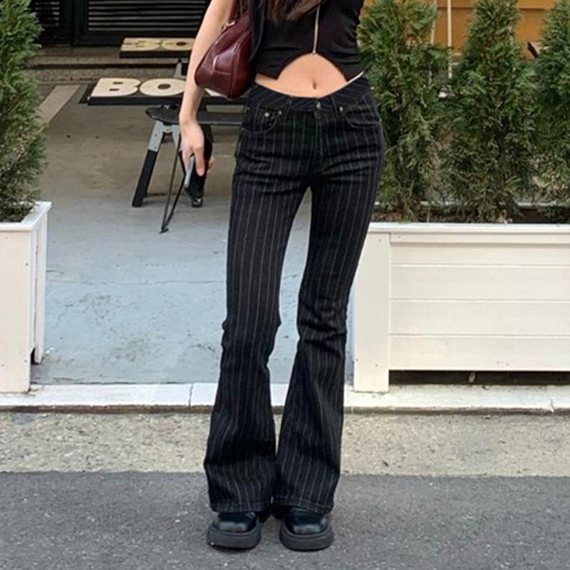 Clothes Y2k Low Rise Boot Cut Jeans Woman Casual Black Striped Denim Trousers Streetwear Flare Pants