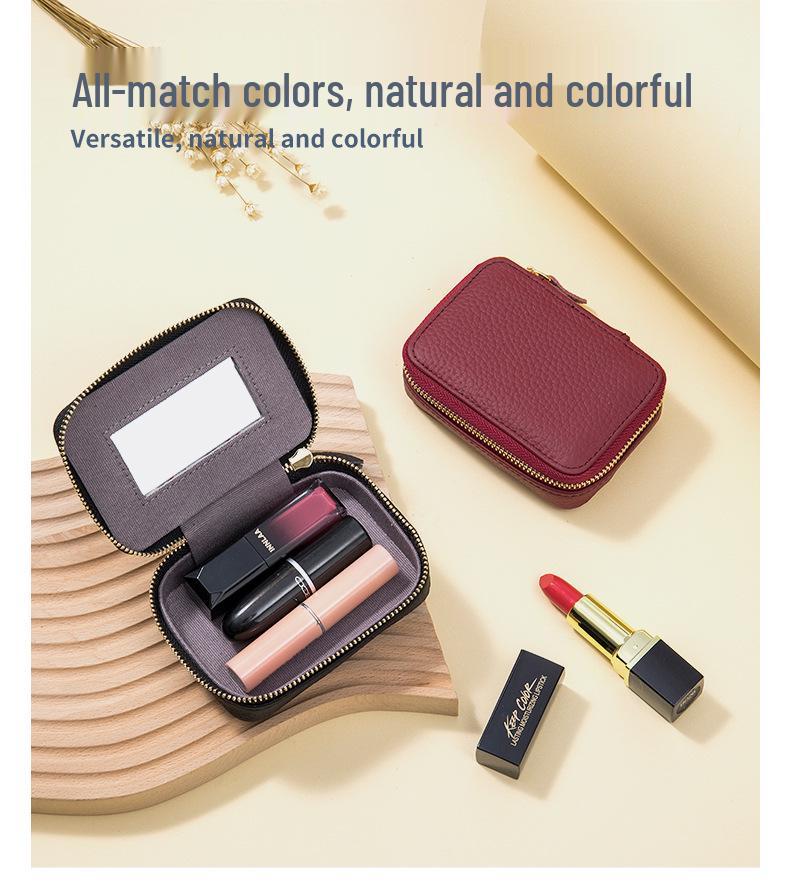 Genuine Leather Lipstick Bag with Mirror - Mini Makeup Pouch, Coin Purse, & Earphone Holder for Women.