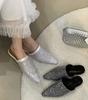 Fashion High Quality Bling Rhinestone Women Mules Slippers Pointed Toe Crystal Flat Sandal Fashion Hollow Non-slip Designer Brand Sandal
