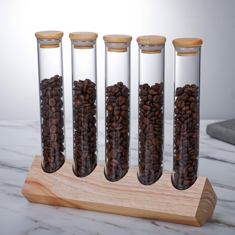 150ml Sealed Glass Bottles with Wooden Stand Tea Coffee Bean Grain Storage Jar Display Rack Transparent Storage Boxes Decor