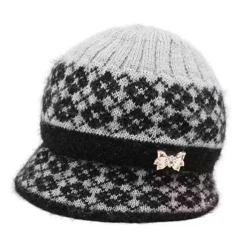 Autumn and winter warm middle-aged old lady hat grandma old man fashion knitted wool hat fleece thickened big eaves hat