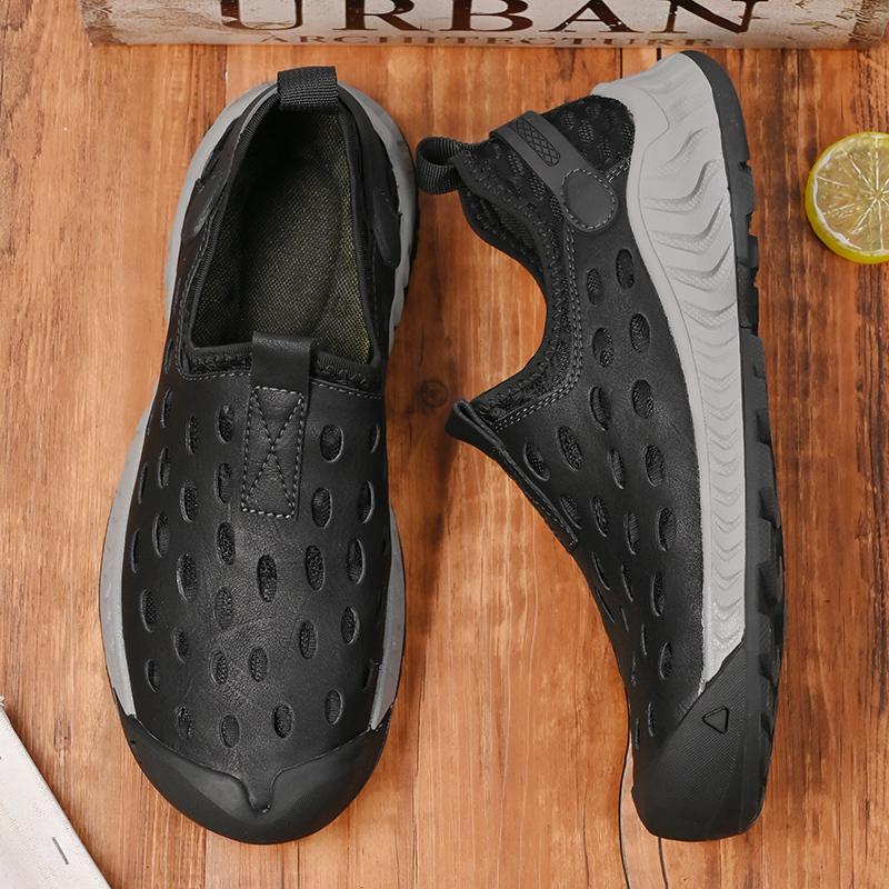 FashionBreathable Simple Leather Men Shoes Summer Slip on Loafers Hollow Out Man Casual Leather Flats Hot Sale Driving Shoes Moccasins