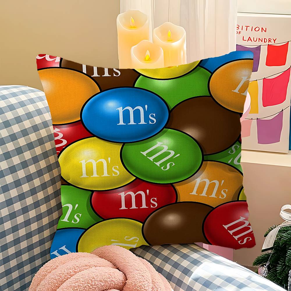 M-M&M Candy Snacks Pillow Covers Cartoon Sofa Decorative Home Double-sided Printing Short Plush Cute Cushion Cover