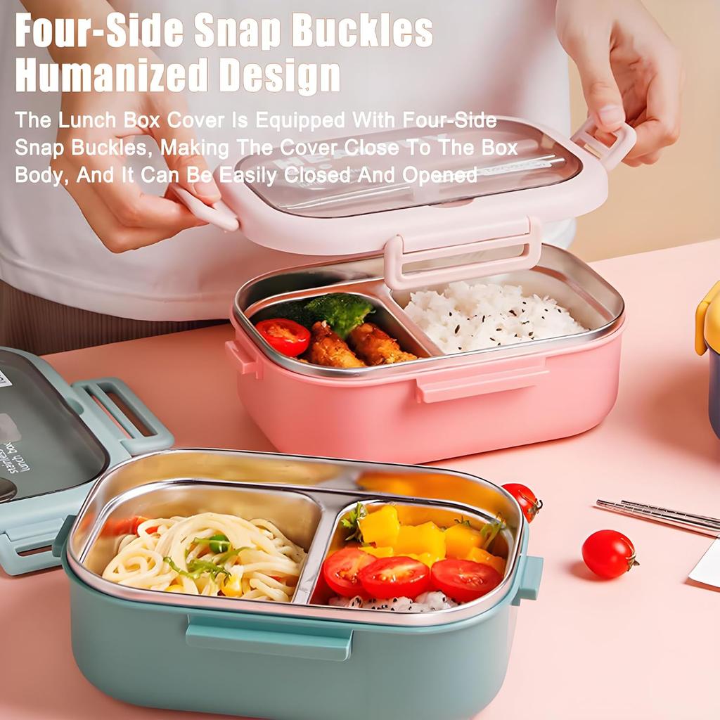 Edelstahl-Lunchbox, 2-Fächer-Bento-Box für Erwachsene, Leicht zu reinigen, Auslaufsicheres Design, Lebensmittelaufbewahrungsbehälter mit Geschirr für die Familie,