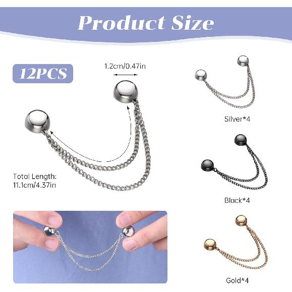 12 Pcs Magnetic Clothing Clips with Chain, Metal Magnetic Clothing Clips for Women in Gunmetal Gold Silver, Multi Use P for Clothes to Adjust Hem
