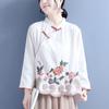 Women Chinese Style Cotton Linen Blouse Mandarin Collar Asymmetric Frog Button Peony Embroidery Three Quarter Sleeve Loose Traditional Ethnic Top