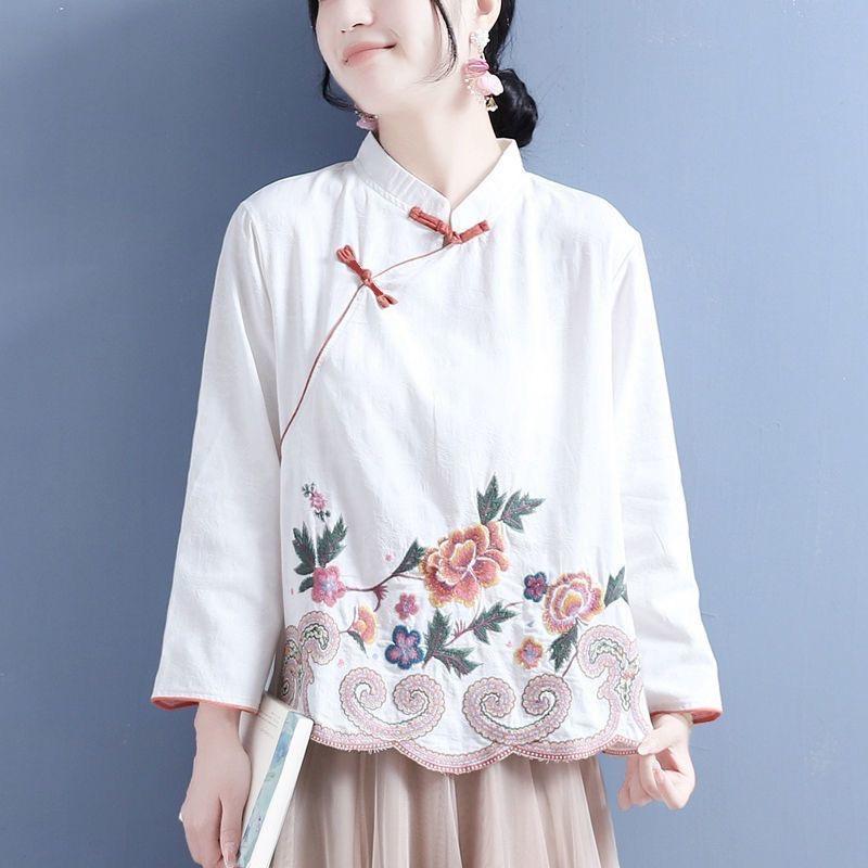 Women Chinese Style Cotton Linen Blouse Mandarin Collar Asymmetric Frog Button Peony Embroidery Three Quarter Sleeve Loose Traditional Ethnic Top
