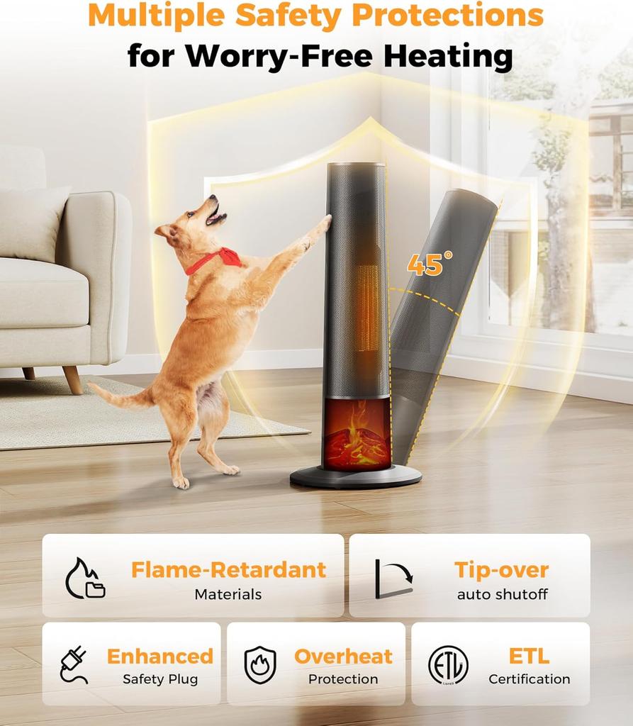 Portable 25' Tower Heater with 3D Flame, Remote, Adjustable Thermostat, 2 Heat Modes, Safety Features, 12H Timer, Quiet Operatio