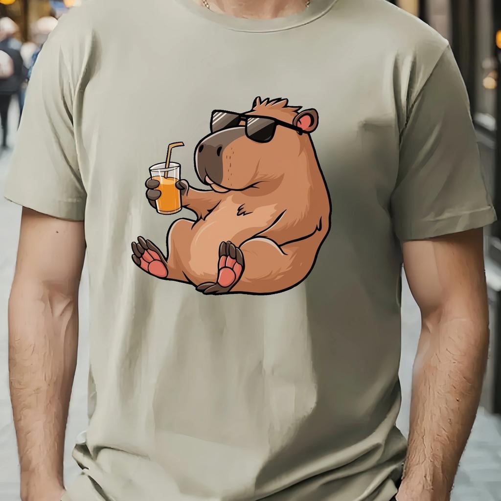 Capybara Drinking Juice Graphic Tee Men Casual Cotton Round Neck Short Sleeve TShirt Cool Summer