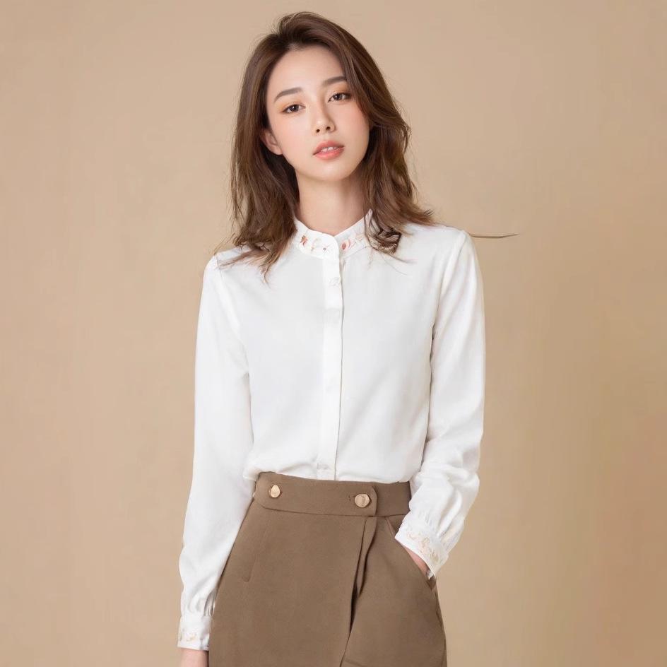 

Women s Chinese Retro Embroidered Stand-Up Collar Long-Sleeve Shirt XL белый