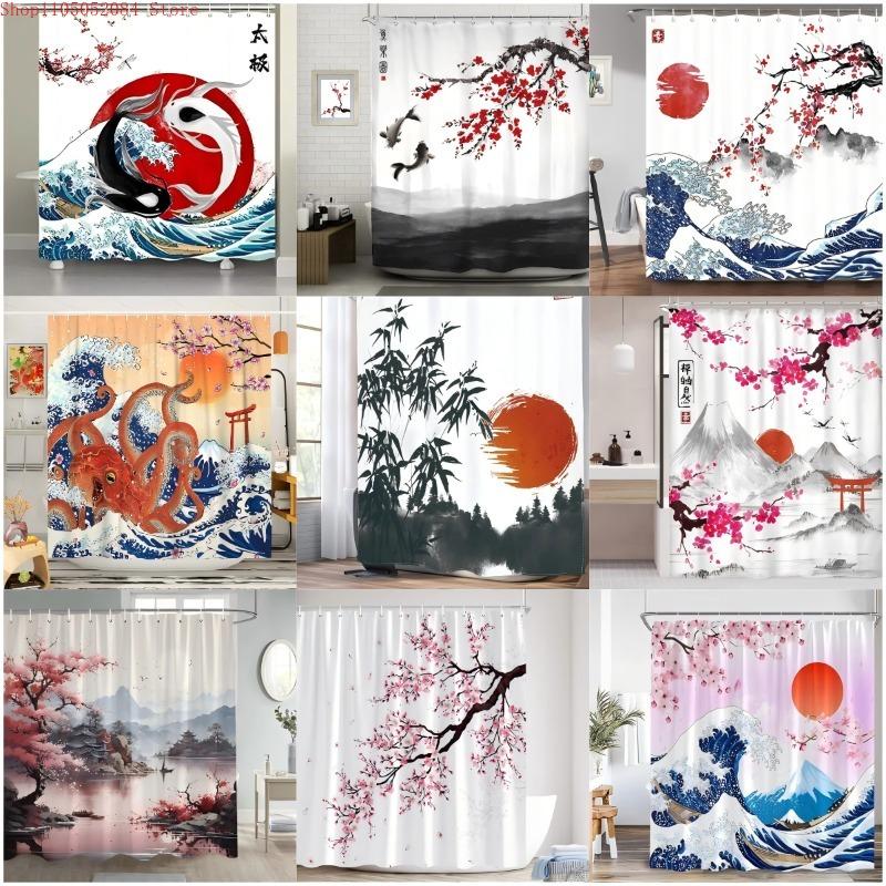 Japanese Style Shower Curtain With Hooks Waterproof Mildew Resistant Easy Install Washable For Home Apartment Hotel Bathroom