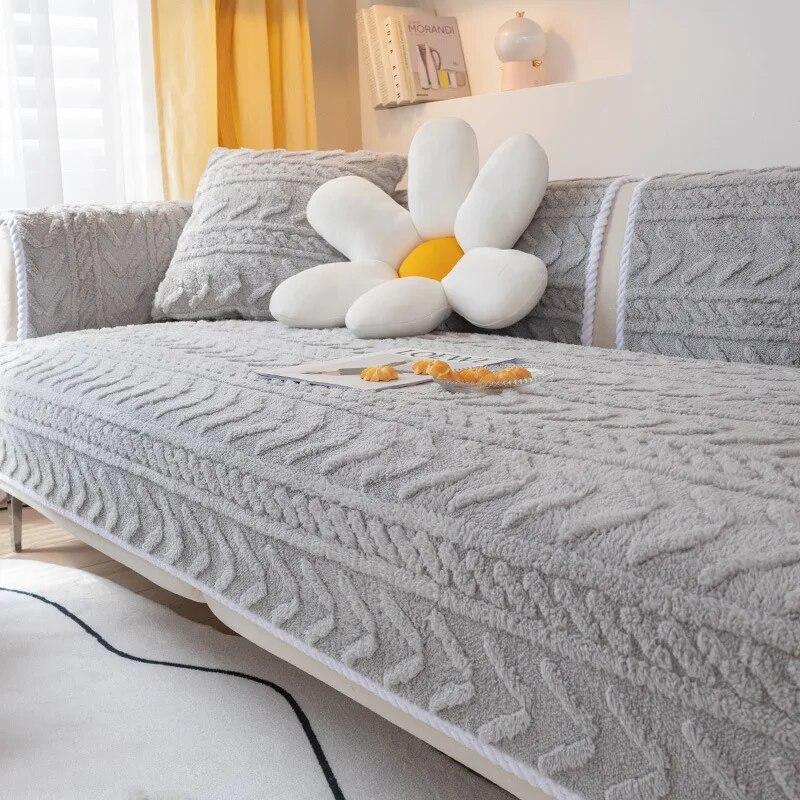 Winter Modern Solid Color Leather Sofa Towel Thicken Plush Armchair Corner Sofa Covers for Living Room Anti-slip Couch Cover