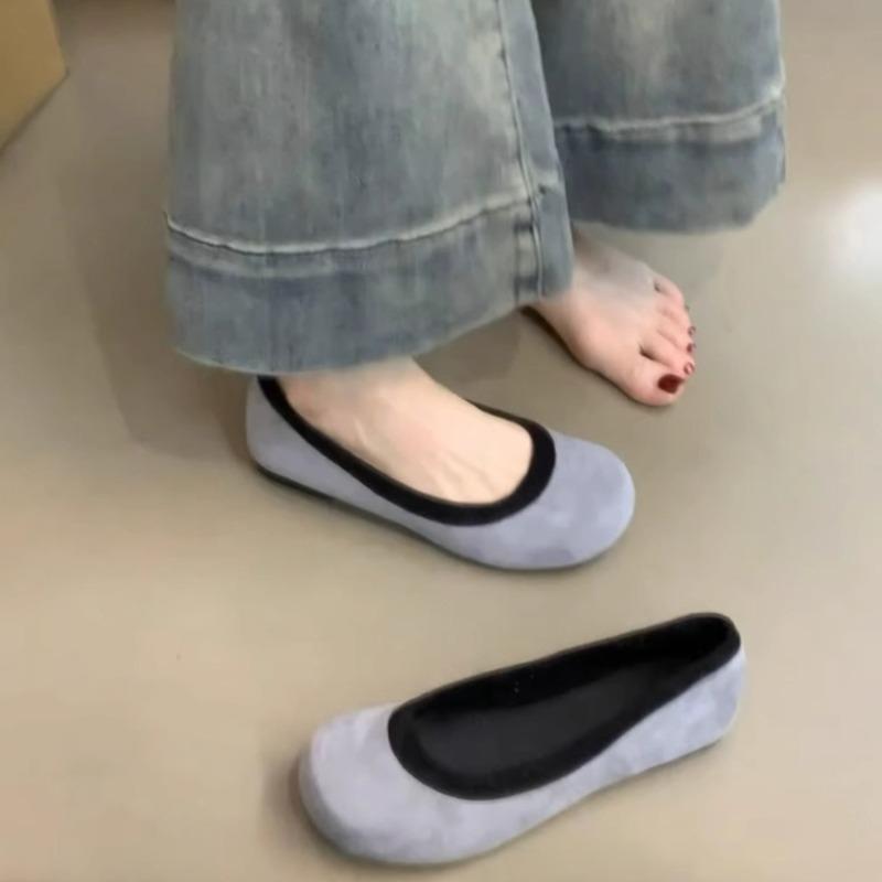 Weiche Sohle Einzelne Schuhe Herbst Neu Runde Spitze Wildleder Farbblock Slip-on Rutschfest Verschleißfest Flache Schuhe