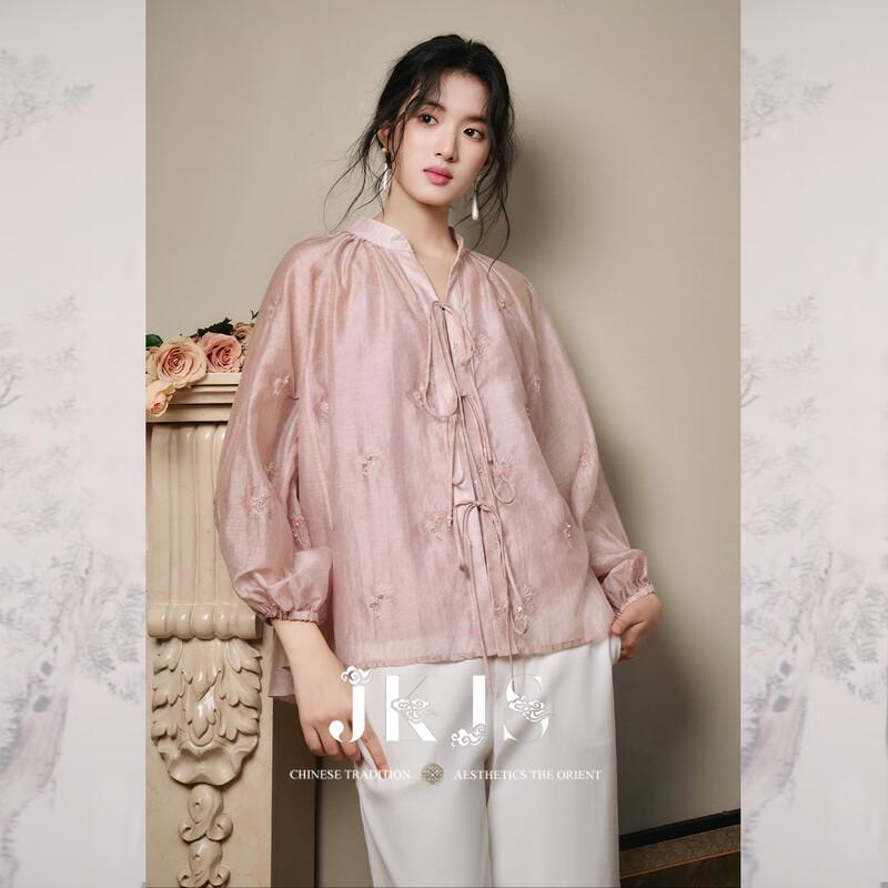 JK&JS Floral Sweetheart Tencel Beaded New Chinese Style Top L