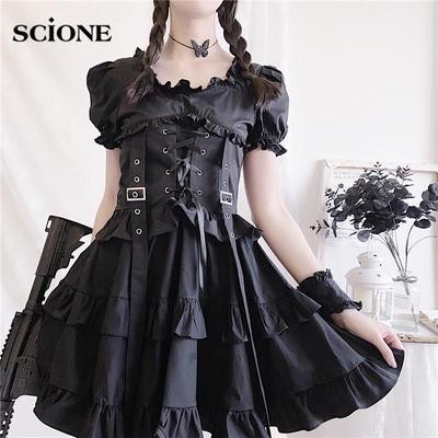 Black Gothic Dress Lolita Dress Japanese Girl Vintage Punk Style Bandage Women Dresses