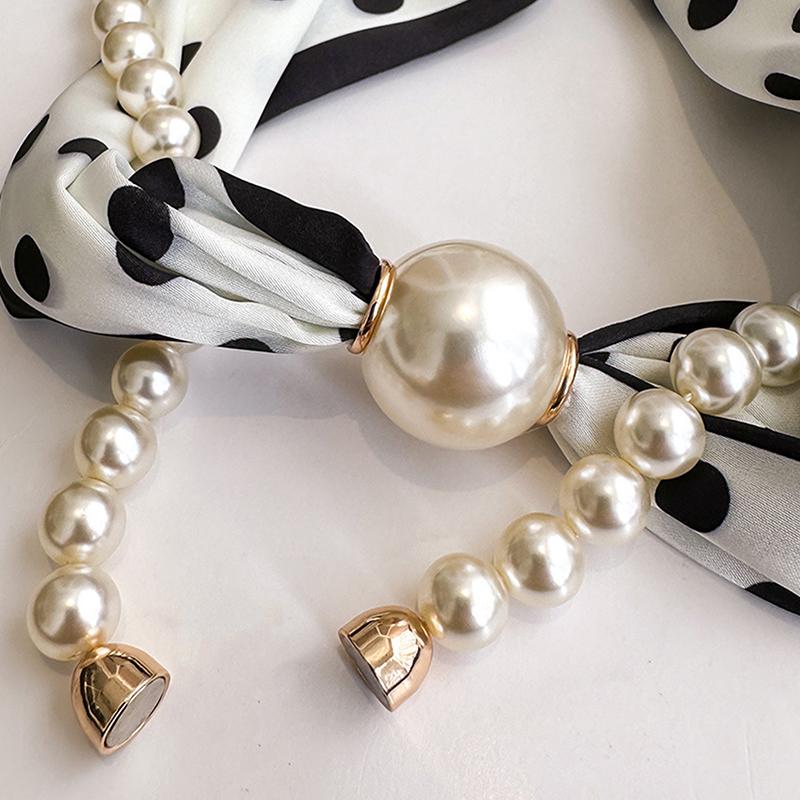 Magnetic Narrow Elegant Satins Neck Scarf Wrap With Pearls Chain Necklace And Buckle For Women Vintage Floral Silk Neckerchief