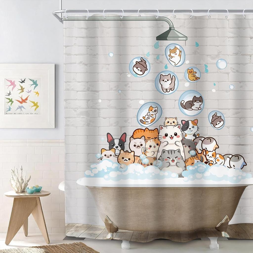 Cute Cat And Dog Shower Curtain, Cartoon Corgi Pet Pattern Fabric Bath Decor With 12 Hooks For Kids Bathroom Bathtub, 1Pc