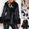 Offener Stich, Gürteltaschen, Langarm-Jackenmantel, Damen-Herbst-Winter-Plüschbesatz, Kunstleder-Oberbekleidung