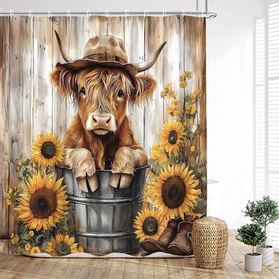 Rideau de Douche Drôle Vache Highland Tournesol Floral Rustique Ferme Vache Animal Rideaux de Bain Tissu Décor Maison Salle de Bain avec Crochets