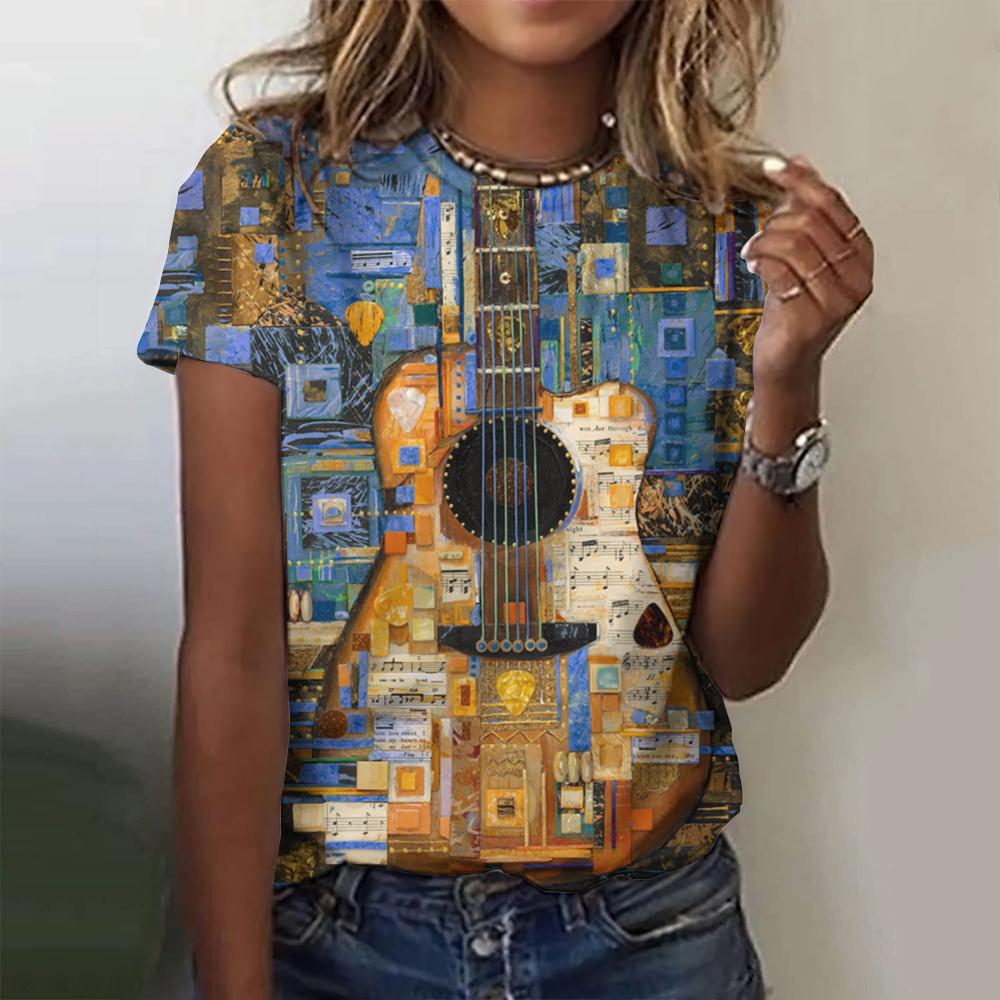 Women's Oversize T-Shirt 3d T-Shirt With Guitars Print Summrt O-Neck Short Sleeve Tops Rock Tee Streetwear Y2k Female Clothing